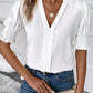 V-neck Graceful Puff Sleeve Solid Color Shirt