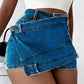 Y2K Street Vintage Denim Shorts Stretch Overlap Waist Wrap Solid Asymmetrical Hem A-Line Skinny Mini Skorts Skirt