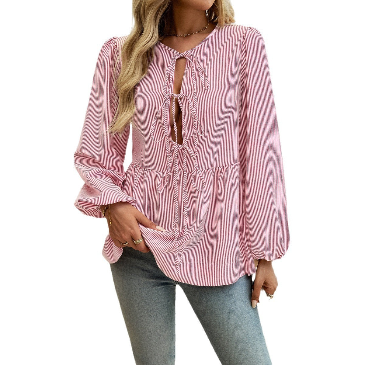 Women's Casual Loose Striped Lace-up Shirt