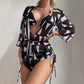 3pcs V-neck Swimsuit Suits Summer Leaf Print Waist-tie Bikini Fashion Long-sleeved Beach Sun-protection Clothing Womens