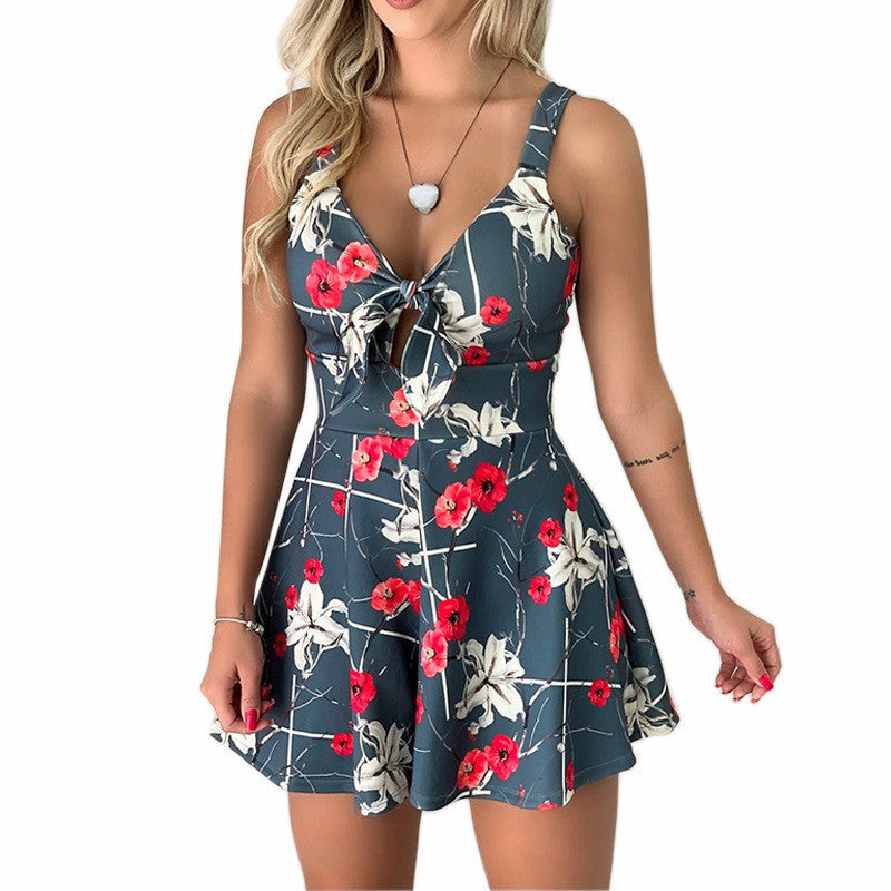 Bow Lace Printing Loose One-piece Shorts