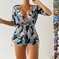 3pcs V-neck Swimsuit Suits Summer Leaf Print Waist-tie Bikini Fashion Long-sleeved Beach Sun-protection Clothing Womens