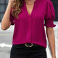 V-neck Graceful Puff Sleeve Solid Color Shirt