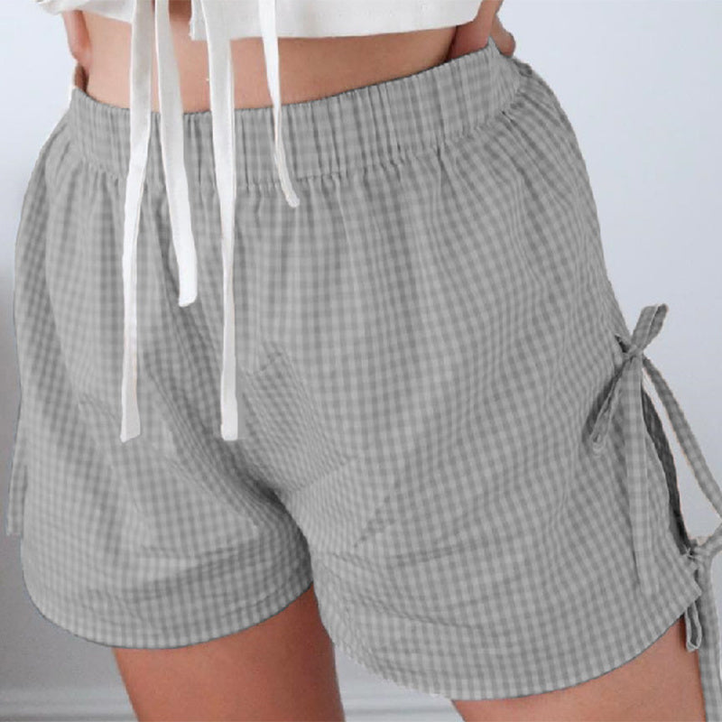 Loose Plaid Print Shorts With Lace-up Design Summer Fashion Y2K Elastic Band Pants For Women