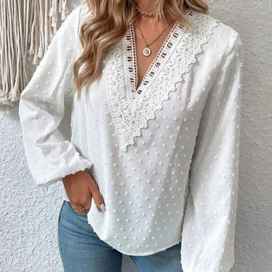 Solid Color Jacquard Puff Sleeve Lace V-neck Shirt