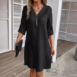 Women's Cotton And Linen Stitching Zipper V-neck Solid Color Dress