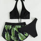 3pcs Leaf Print Bikini With Shorts Fashion Summer Beach Swimsuit Womens Clothing