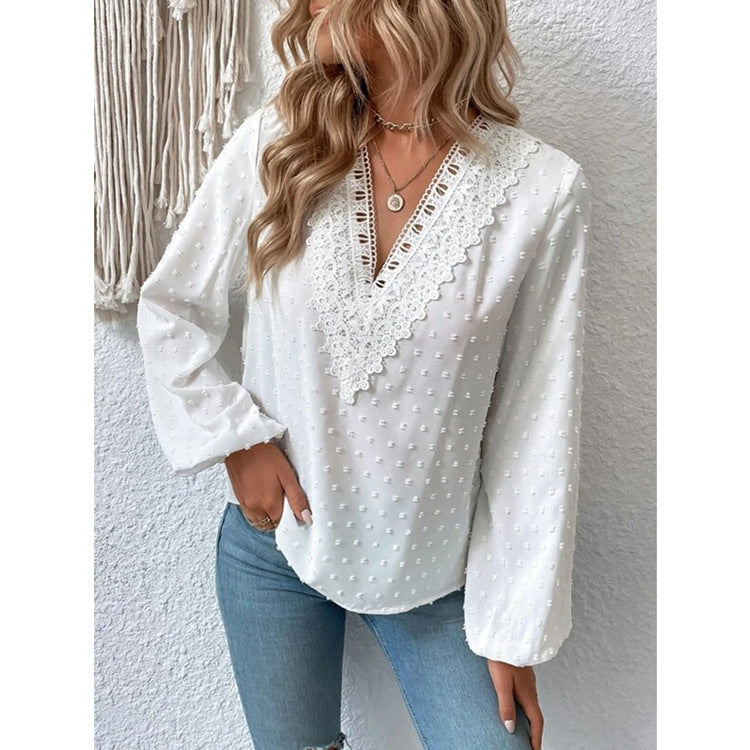 Solid Color Jacquard Puff Sleeve Lace V-neck Shirt