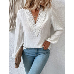 Solid Color Jacquard Puff Sleeve Lace V-neck Shirt