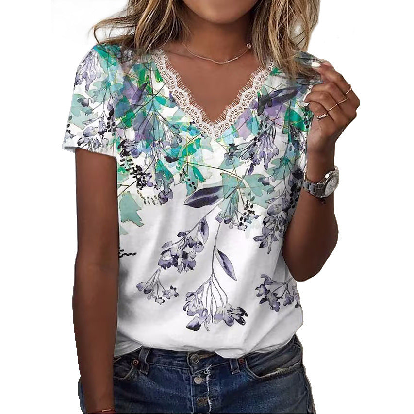 Women's Casual Loose Printed V-neck Ruffled Short Sleeves T-shirt