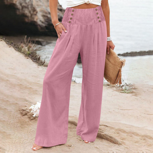 Casual Elastic High Waist Women's Cotton Linen Wide Leg Pants