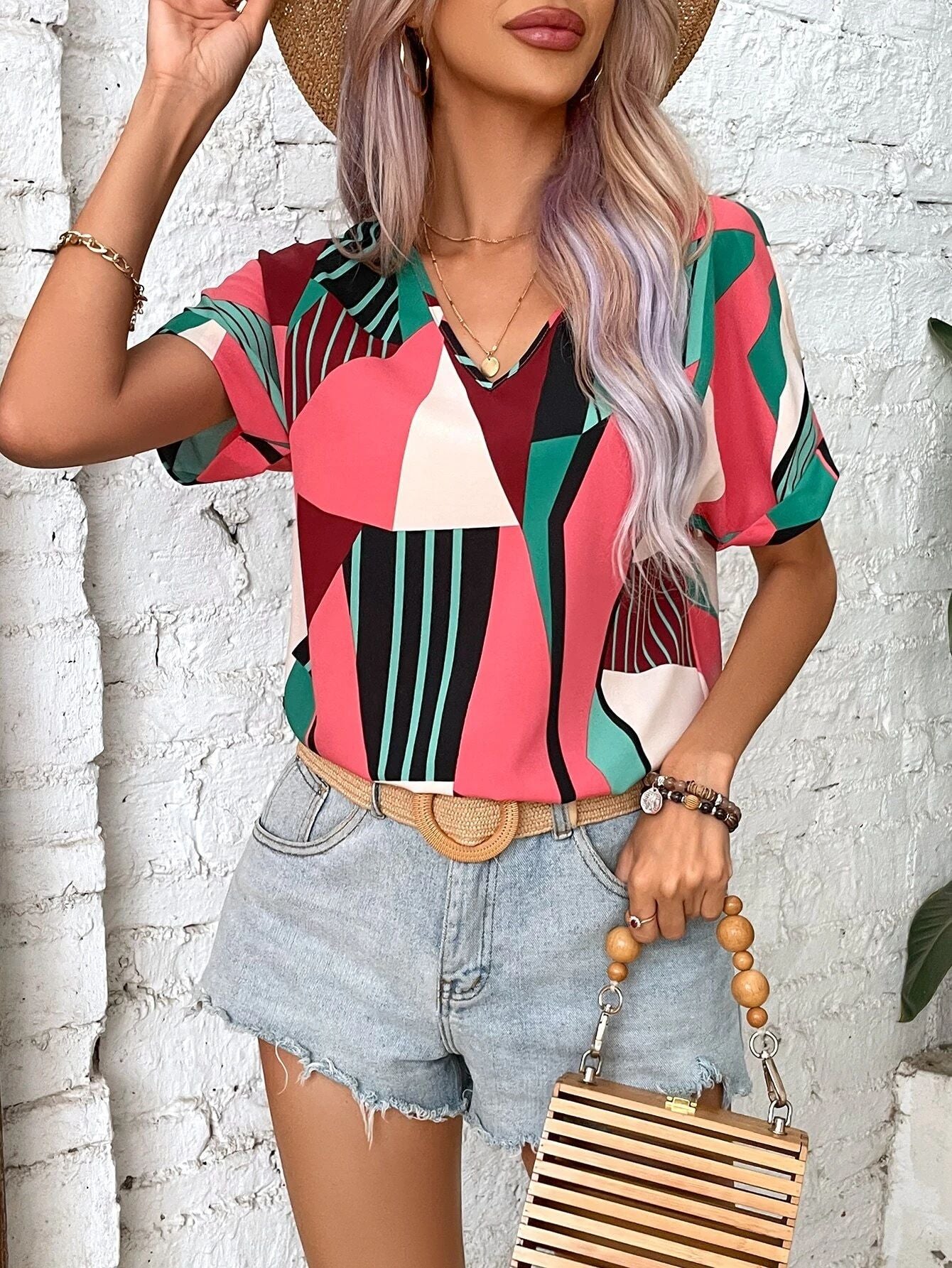 Women's Clothing Printed V-neck Top