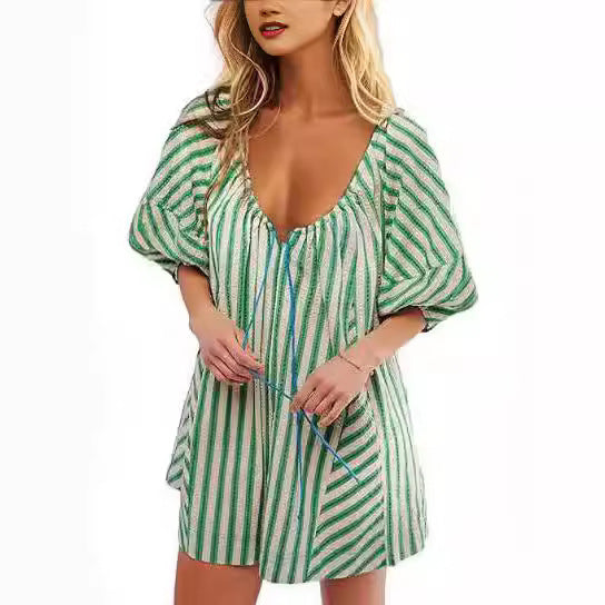 Short Sleeve Striped Shirt Loose Deep V Jumpsuit