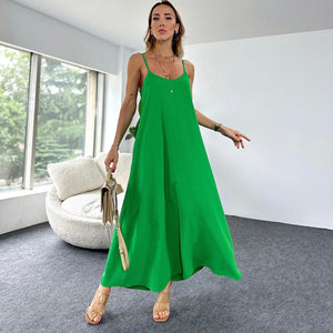 Women's Fashion Solid Color Sling Long Large Hem Dress