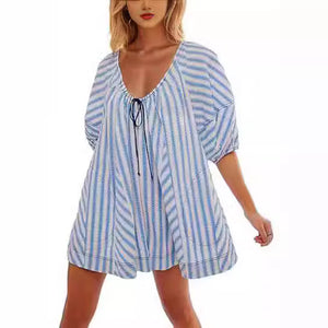 Short Sleeve Striped Shirt Loose Deep V Jumpsuit