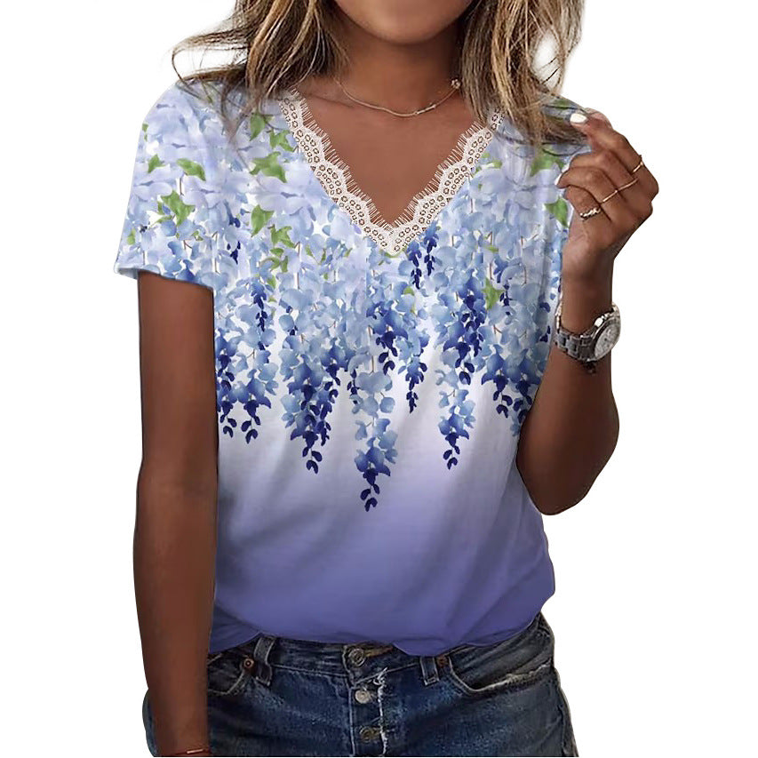 Women's Casual Loose Printed V-neck Ruffled Short Sleeves T-shirt