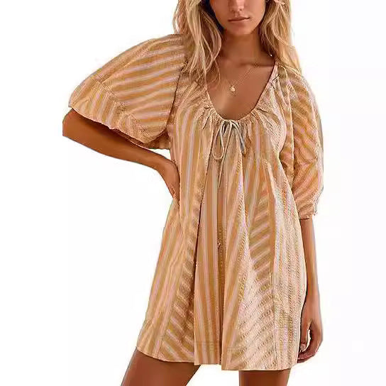 Short Sleeve Striped Shirt Loose Deep V Jumpsuit