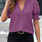 V-neck Graceful Puff Sleeve Solid Color Shirt