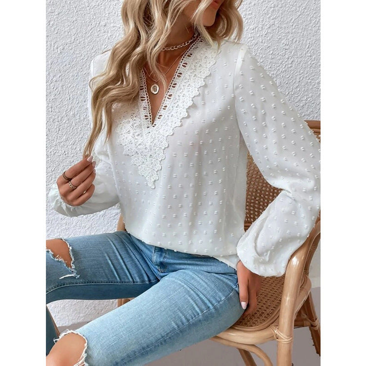 Solid Color Jacquard Puff Sleeve Lace V-neck Shirt