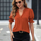 V-neck Graceful Puff Sleeve Solid Color Shirt