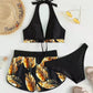 3pcs Leaf Print Bikini With Shorts Fashion Summer Beach Swimsuit Womens Clothing