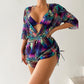 3pcs V-neck Swimsuit Suits Summer Leaf Print Waist-tie Bikini Fashion Long-sleeved Beach Sun-protection Clothing Womens